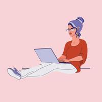 The young  woman with laptop. Sitting, reading. Vector flat illustration.