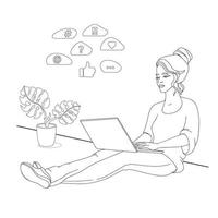 The young woman with laptop. Sitting, reading. Vector flat illustration.