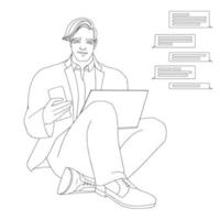 Young man is sitting and holding laptop and phone. Vector. vector