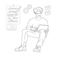 Young man is sitting and holding laptop. Vector illustration.