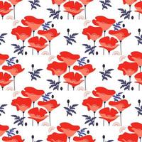 Red flowers on white background. Seamless pattern with poppies. Vector. vector