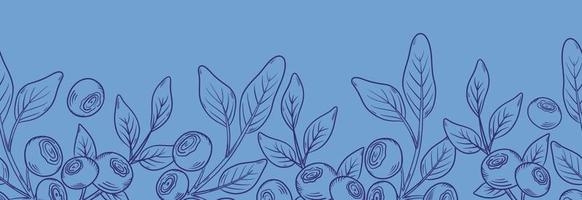 Vector seamless border with blueberries. Blueberry berries with twigs of leaves in a hand-drawn style. Botanical illustration with berries, black line sketch