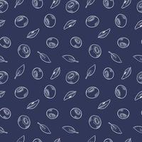 Vector pattern with blueberries. Blueberry berries with twigs of leaves in a hand-drawn style. A sketch with a black line, a collection of berries on a dark background. Botanical illustration