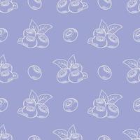 Vector pattern with blueberries. Blueberry berries with twigs of leaves in a hand-drawn style. A sketch with a black line, a collection of berries on a blue background. Botanical illustration