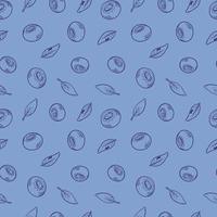 Vector pattern with blueberries. Blueberry berries with twigs of leaves in a hand-drawn style. A sketch with a black line, a collection of berries on a blue background. Botanical illustration