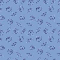 Vector pattern with blueberries. Blueberry berries with twigs of leaves in a hand-drawn style. A sketch with a black line, a collection of berries on a blue background. Botanical illustration