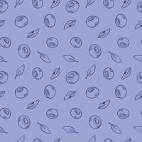 Vector pattern with blueberries. Blueberry berries with twigs of leaves in a hand-drawn style. A sketch with a black line, a collection of berries on a blue background. Botanical illustration