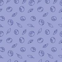 Vector pattern with blueberries. Blueberry berries with twigs of leaves in a hand-drawn style. A sketch with a black line, a collection of berries on a blue background. Botanical illustration