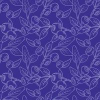Vector pattern with blueberries. Blueberry berries with twigs of leaves in a hand-drawn style. A sketch with a black line, a collection of berries on a blue background. Botanical illustration