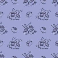 Vector pattern with blueberries. Blueberry berries with twigs of leaves in a hand-drawn style. A sketch with a black line, a collection of berries on a blue background. Botanical illustration