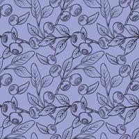 Vector pattern with blueberries. Blueberry berries with twigs of leaves in a hand-drawn style. A sketch with a black line, a collection of berries on a blue background. Botanical illustration