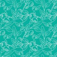 Vector pattern with blueberries. Blueberry berries with twigs of leaves in a hand-drawn style. A sketch with a black line, a collection of berries on a green background. Botanical illustration