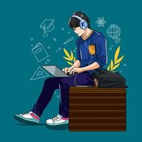 Young student is using his laptop and cellphone vector illustration free download