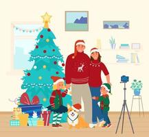 Happy Family With Dog In Santa Hats Making Selfie Near Christmas Tree With Presents. Children Wearing Costumes. Flat Vector Illustration.