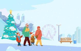 Winter Park Scenery With Happy Family In Santa Hats Walking. City Silhouette, Christmas Tree, Bench, Snowy Trees. Flat Vector Illustration.