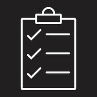 eps10 white vector checklist or document line art icon in simple flat trendy modern style isolated on black background