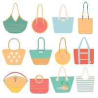 Set of summer bags. Beach stuff for summer travel. Vacation accessories for sea holidays. Flat vector illustration isolated on white background