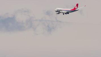 NOVOSIBIRSK, RUSSIAN FEDERATION JUNE 27, 2021 - Boeing 747 CargoLux released the landing gear, ready for landing video