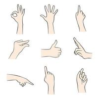 los elementos del conjunto de manos posan con el color base de la piel. haga un gesto simbólico ok, extienda la mano, señale, pellizque con la mano, genial, v firme de lado. ilustración vectorial vector