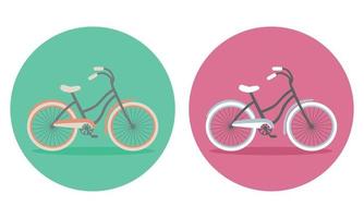 Set of classic city bike, ecological sports transport, women's bike side view flat vector illustration in trendy colors.