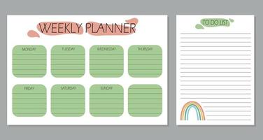 planificador semanal y lista de tareas con arco iris de dibujos animados, página de plantilla, ilustración de vector dibujado a mano de fideos.