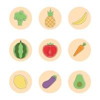 Set of fruit icons and vegetables. Vector illustration