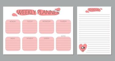 planificador semanal y lista de tareas con corazones lindos, página de plantilla, ilustración vectorial dibujada a mano con garabatos. vector
