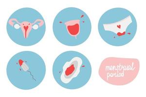 Menstrual period icon set. Set of hand drawn images menstrual cups, uterus, tampon, pads, panties, hearts. Female hygiene products.