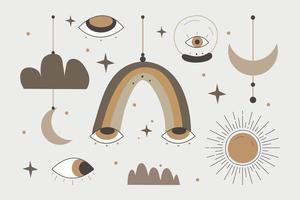 Mystic line elements. Magic icons hand drawn doodle minimalistic mysterious objects rainbow, sun, moon, eyes, mystical ball, stars and clouds. Vector witch magic design elements set.