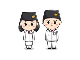 lindo niño y niña personaje herencia bandera izando tropa día de la independencia de indonesia ilustración de dibujos animados plana chibi kawaii vector