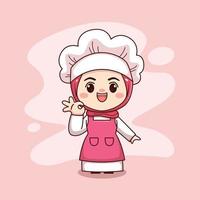 Cute and kawaii female chef with delicious sign cartoon manga chibi vector character design