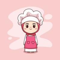 lindo y kawaii chef mujer musulmana vistiendo hiyab dibujos animados manga chibi vector diseño de personajes