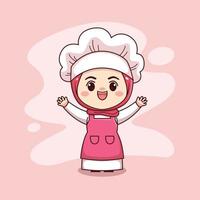 Cute and kawaii muslim female chef wearing hijab cartoon manga chibi vector character design