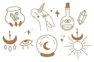 Sacred witch and mystical symbols in vector with sun, crystal, moon, eye, potion bottle, cauldron with crystals, unicorn, magic ball.