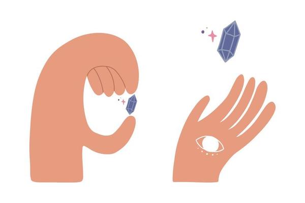 Palmistry and hieromancy. Hand lines and their meanings. Moon phases. Constellations and symbols. Magical hand drawn vector illustration for web and print design. Trendy colourful palmistry hand.