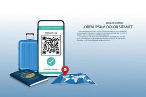 Vector online heart passsport concept. Digital certificate vaccine Covic-19 with QR code.Travel documents. Smartphone, World map, Blue luggage and passport booking.