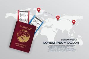 Vector travel banner with world. Airline tickets international vacation concept. Airplane ticket and passport booking.