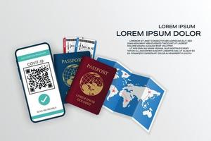 certificado digital vectorial vacuna covic-19 con código qr. concepto de pasaporte de corazón en línea. guardar documentos de viaje. teléfono inteligente, mapa mundial, billete de avión y reserva de pasaporte. vector