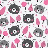 Seamless pattern with bears and trees in pink and gray color. vector