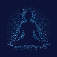 Girl in lotus position on blue background with mandala. vector