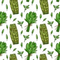 Seamless pattern with sage leaves and bunches. Hand drawn greens and leaf vegetables. Vector illustration in colored sketch style