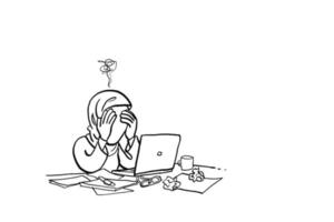 mujer de negocios musulmana agotada por el exceso de trabajo. concepto de agotamiento en el trabajo. diseño de ilustración vectorial de dibujos animados vector
