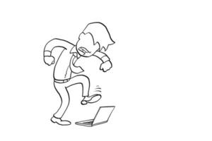 Angry business man stomp and destroying error laptop. Concept of stress at work. Cartoon vector illustration design