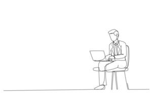 Illustration of young man using laptop indoors using computer and working on project. Single line design style vector