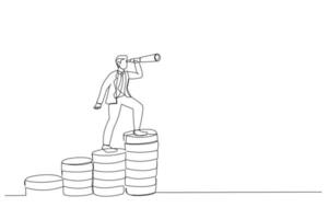 Cartoon of businessman leader on raising money stack using telescope or spyglass looking forward for business opportunity. Economic forecast concept. Continuous line art style vector