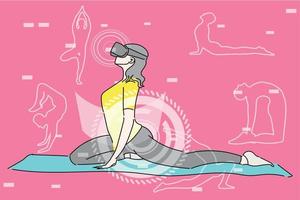 mujer haciendo yoga con realidad virtual. ilustración de diseño plano vector