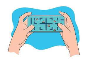 Hand holding a mobile phone and play maze games. Flat design vector