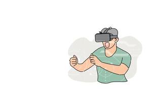 joven jugando juego vr. jugador sosteniendo algo en el mundo virtual. diseño de ilustración vectorial vector