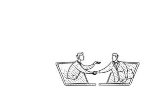 Remote worker greeting before business meeting. Concept of handshake. Hand drawn vector illustration design