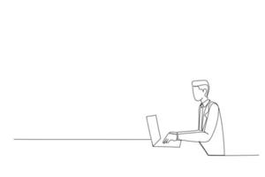 Drawing of young man working on computer at office freelancer in casual, employee, worker , typing and chatting online. Single line design style vector